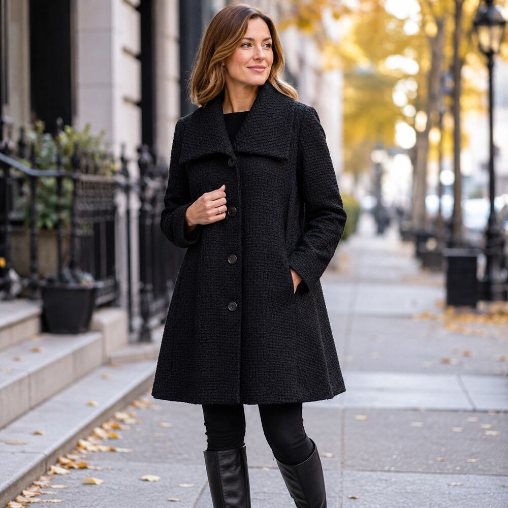 Calvin Klein Blk Textured Swing Coat Sz14 Wool Blend Classic Quiet Luxury